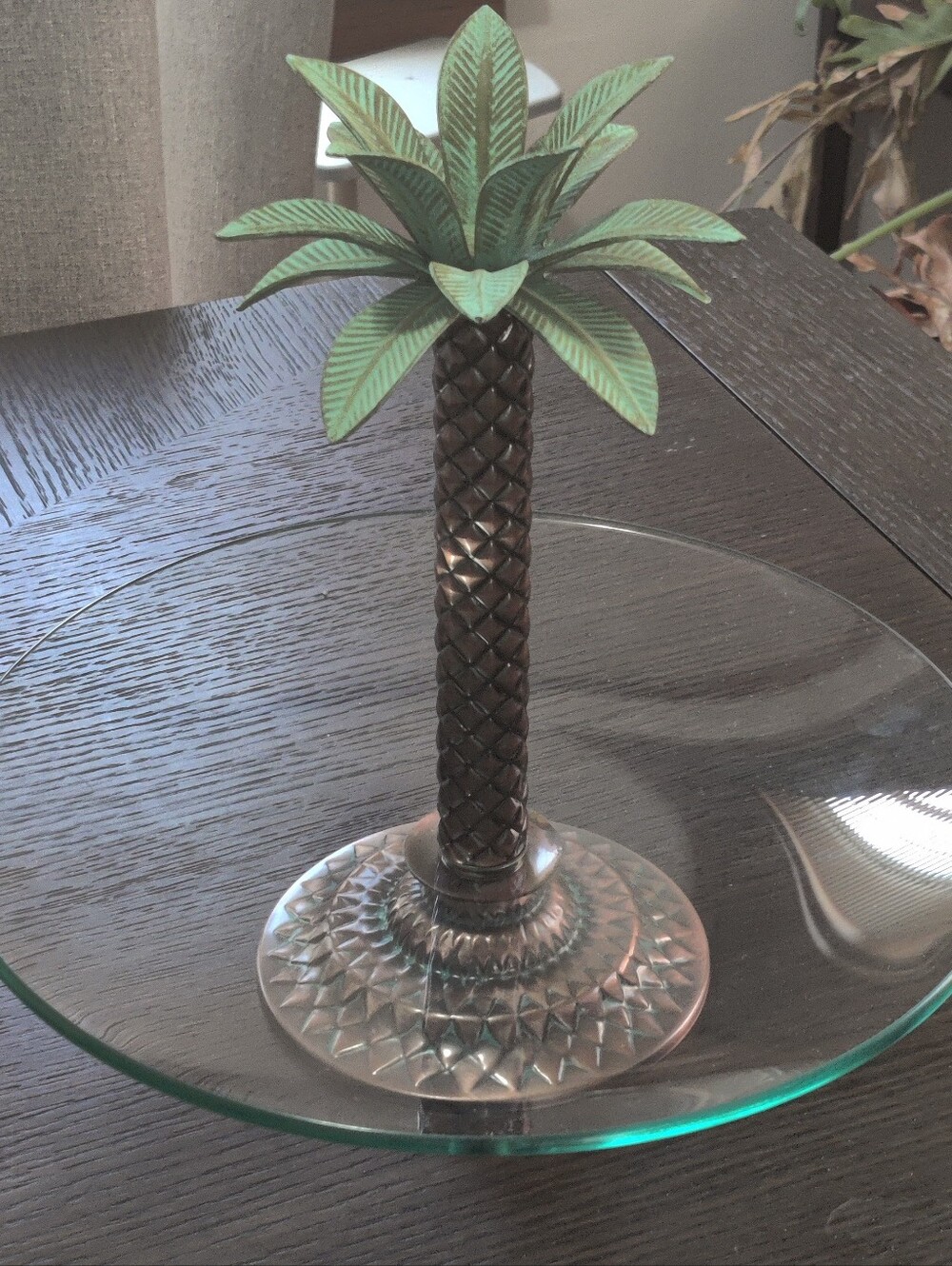 Vintage Tropical Palm Tree Decorative Glass Tray - Green & Bronze